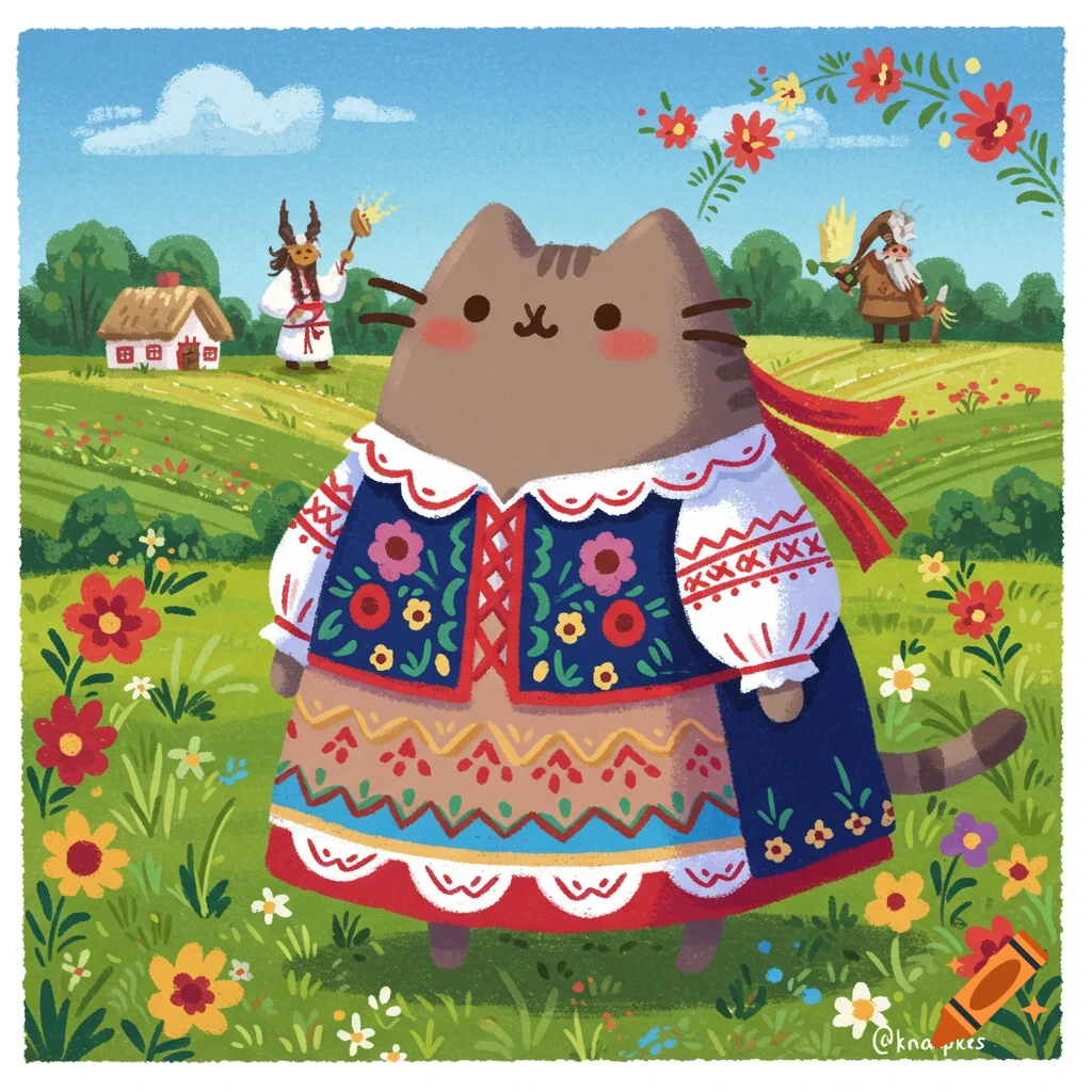 A cartoon cat in traditional Polish folk clothing stands in a sunny, flower-filled countryside.