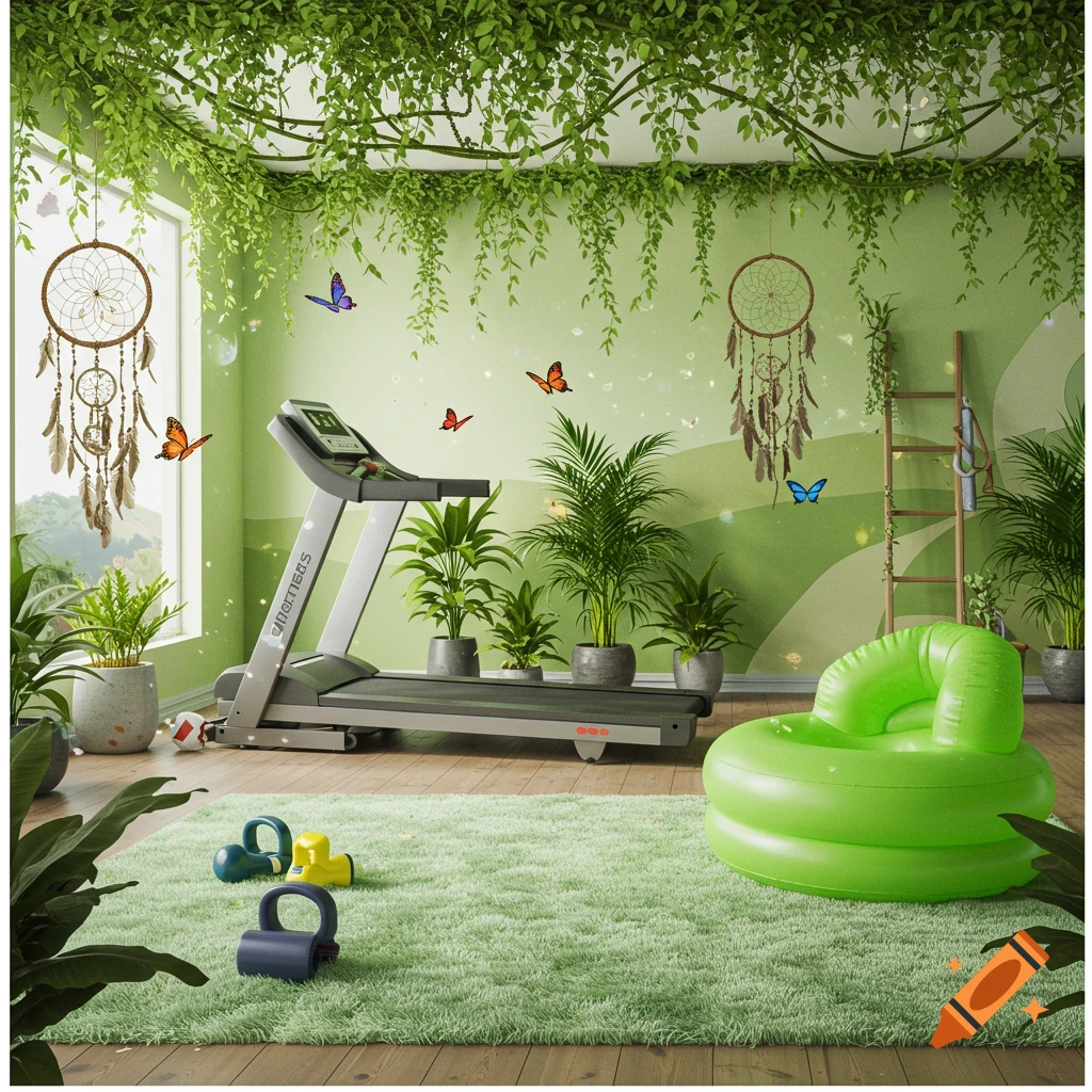 Green home gym with treadmill, inflatable chair, weights, plants, vines, dreamcatchers, and butterflies.