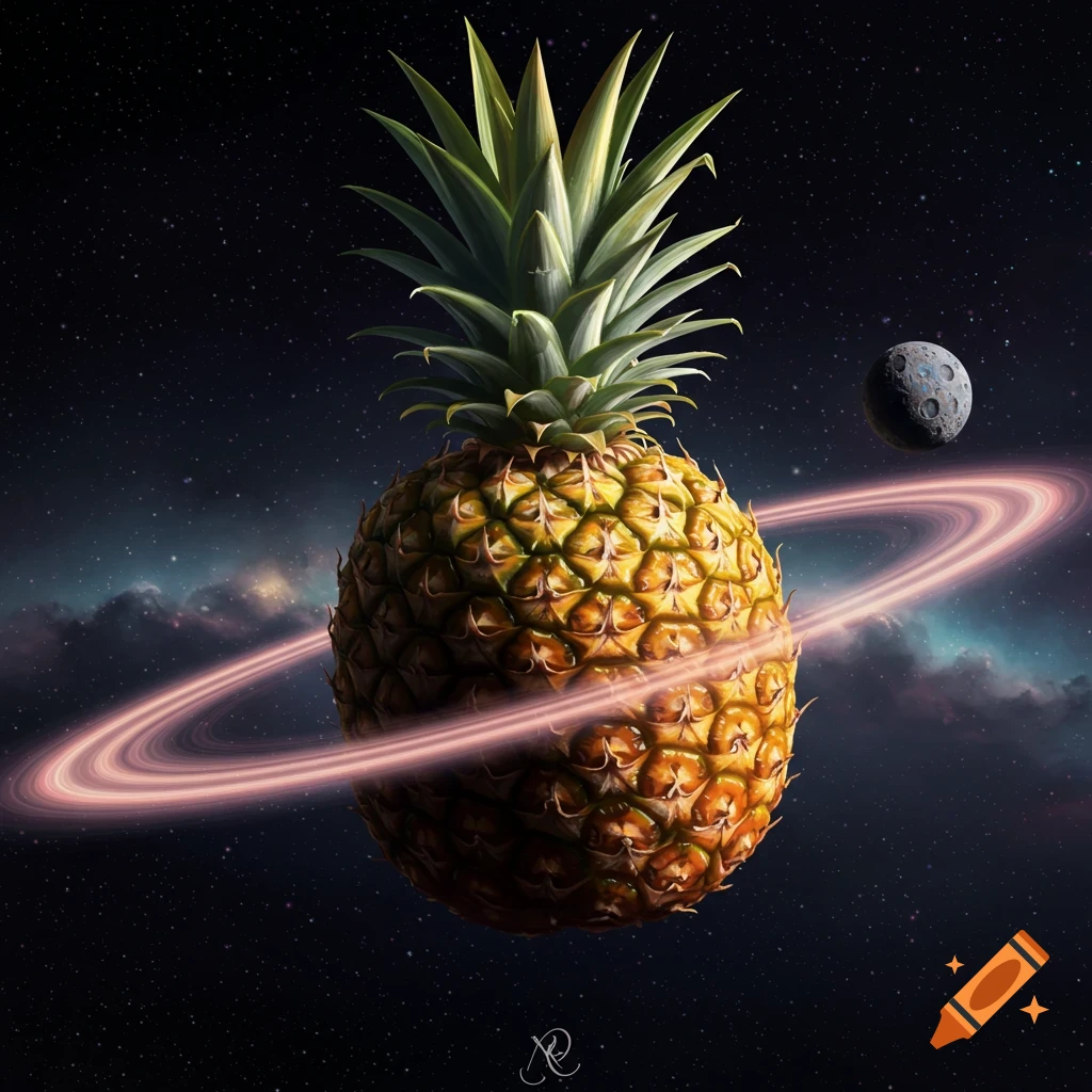 A pineapple depicted as a planet with glowing rings and a moon in space.