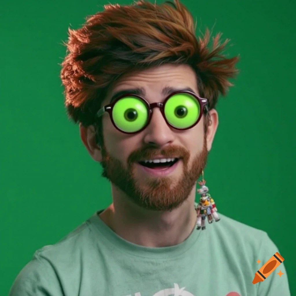 Portrait of a person with big green eyes, glasses, beard, and small figure earring against a green background.
