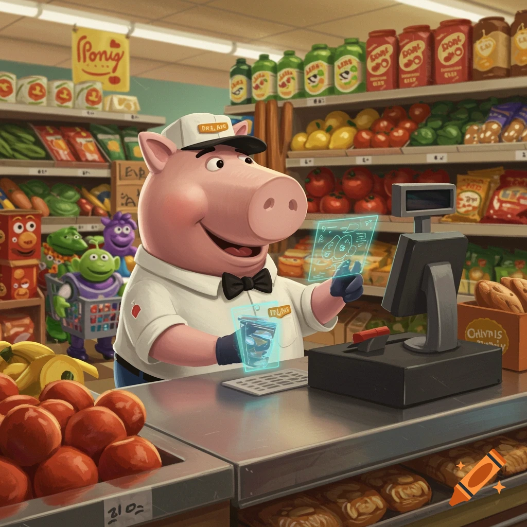 A cartoon pig cashier uses a holographic scanner at a grocery store checkout counter.