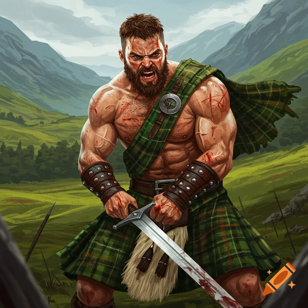 A muscular man in a kilt roars, holding a bloody sword in a mountain landscape.
