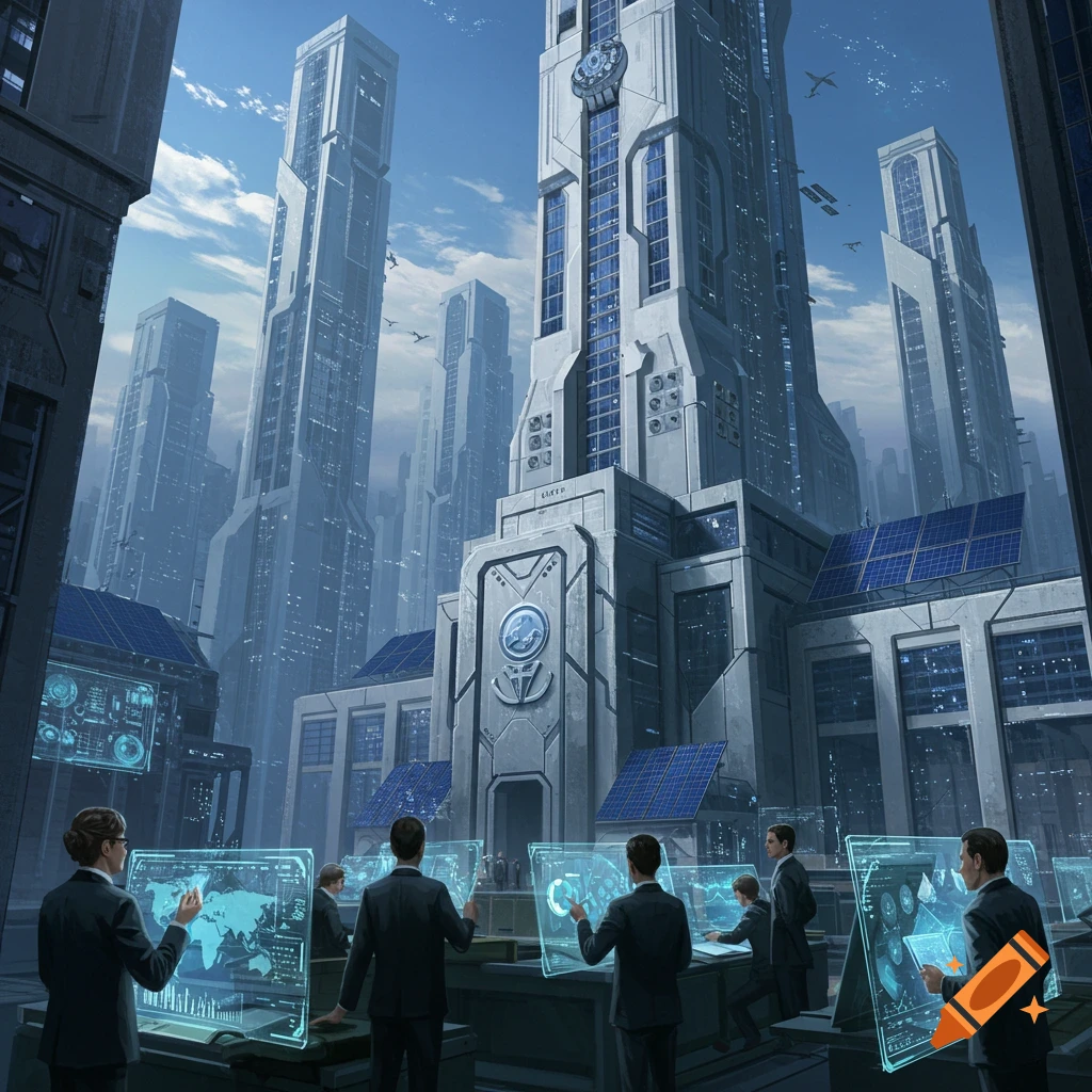 People using holographic screens in a futuristic city with tall buildings.