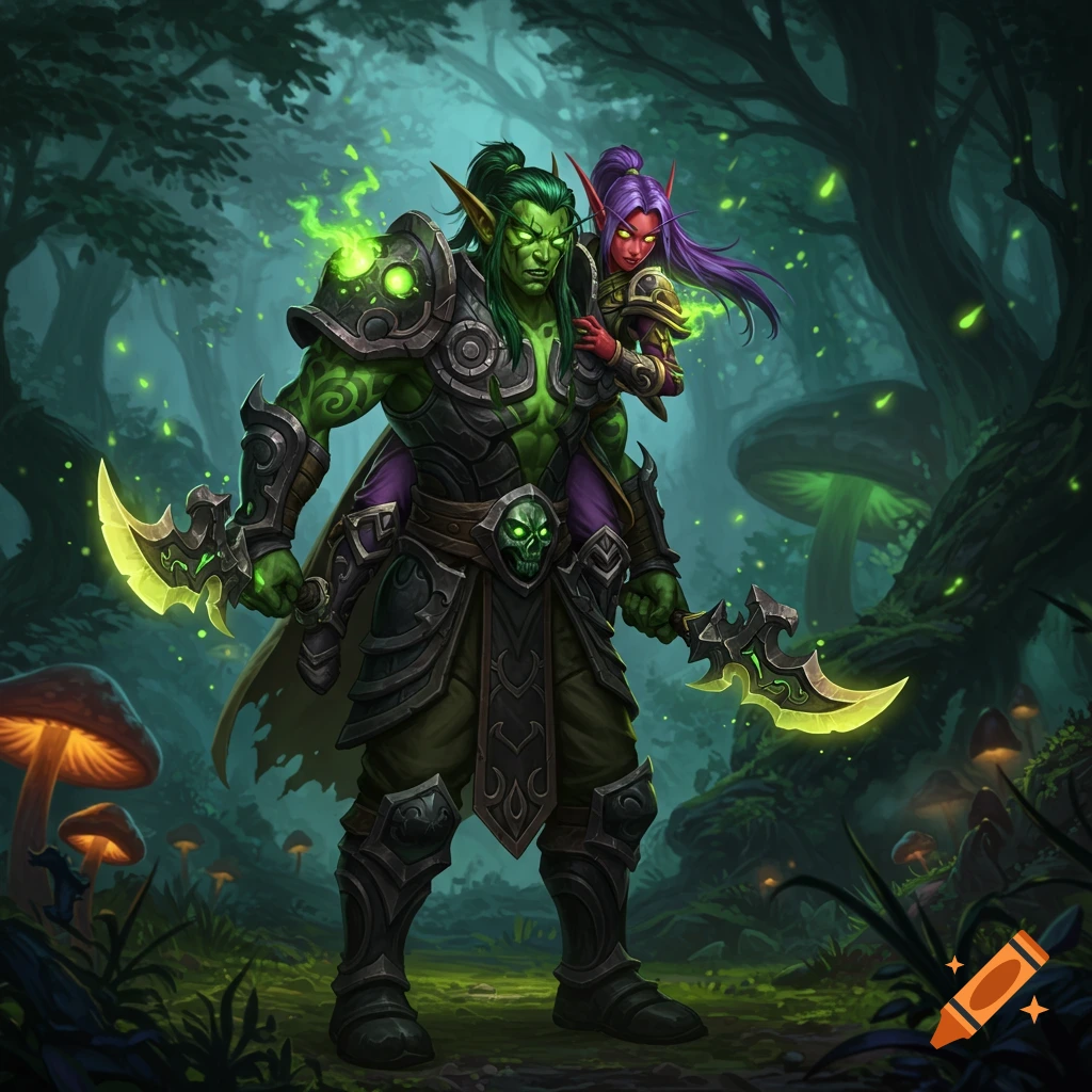 A large green fantasy warrior carrying a smaller purple-haired character on their shoulder in a glowing forest.