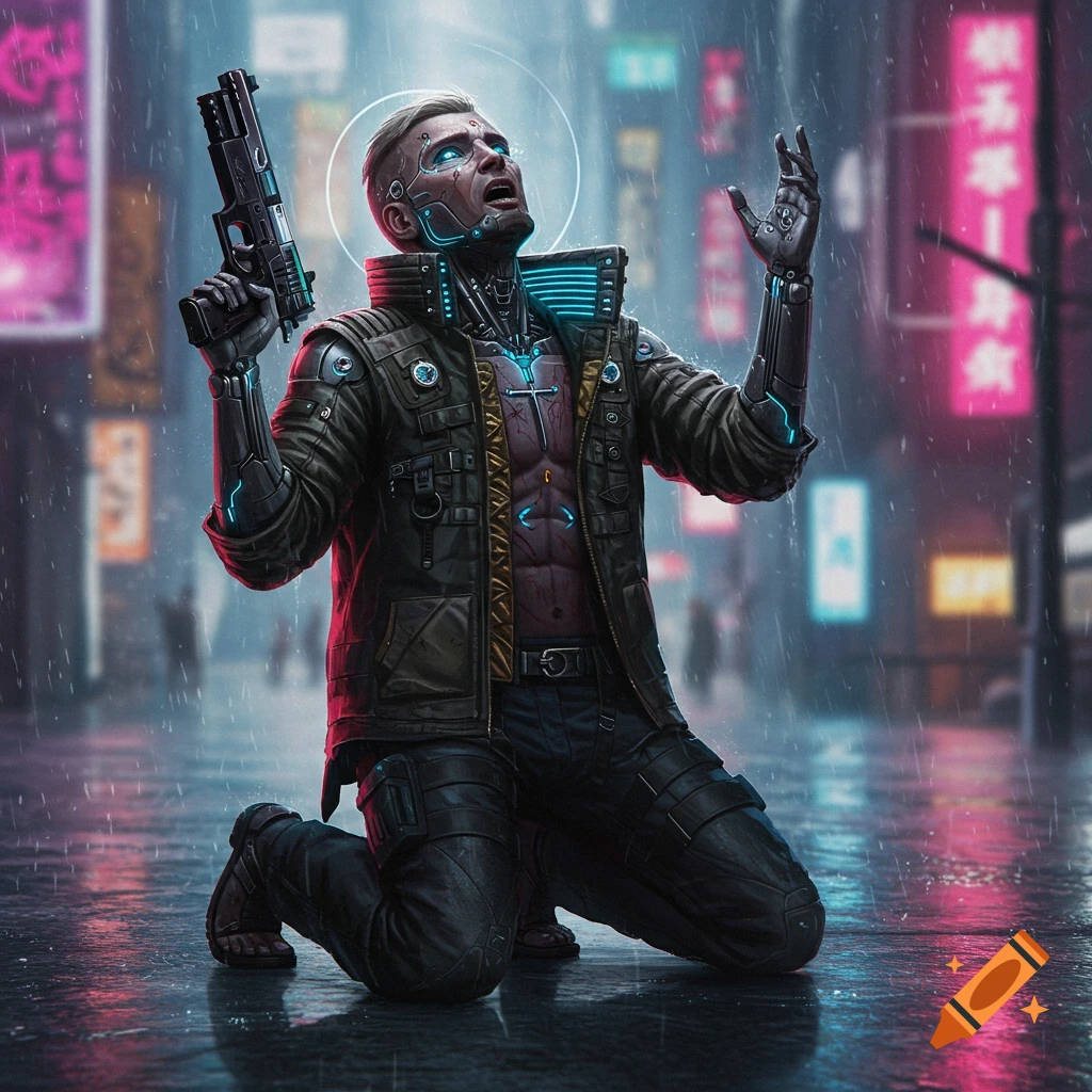 A cyberpunk man kneels in the rain on a city street, holding a gun raised and looking upwards.