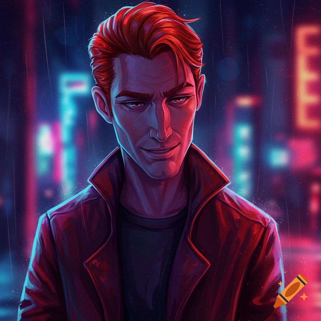 A red-haired man in a leather jacket is walking through a rainy, neon-lit city.