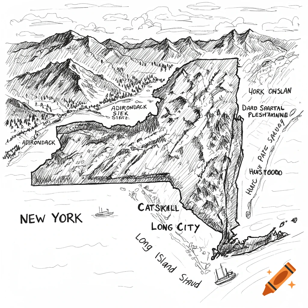 Hand sketch map of New York state with mountains, water, and some place labels.