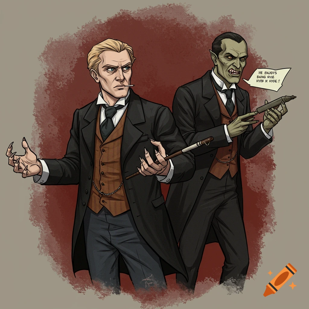 Illustration of a man and a green-skinned monster in suits, both with sharp claws. The monster has a speech bubble.
