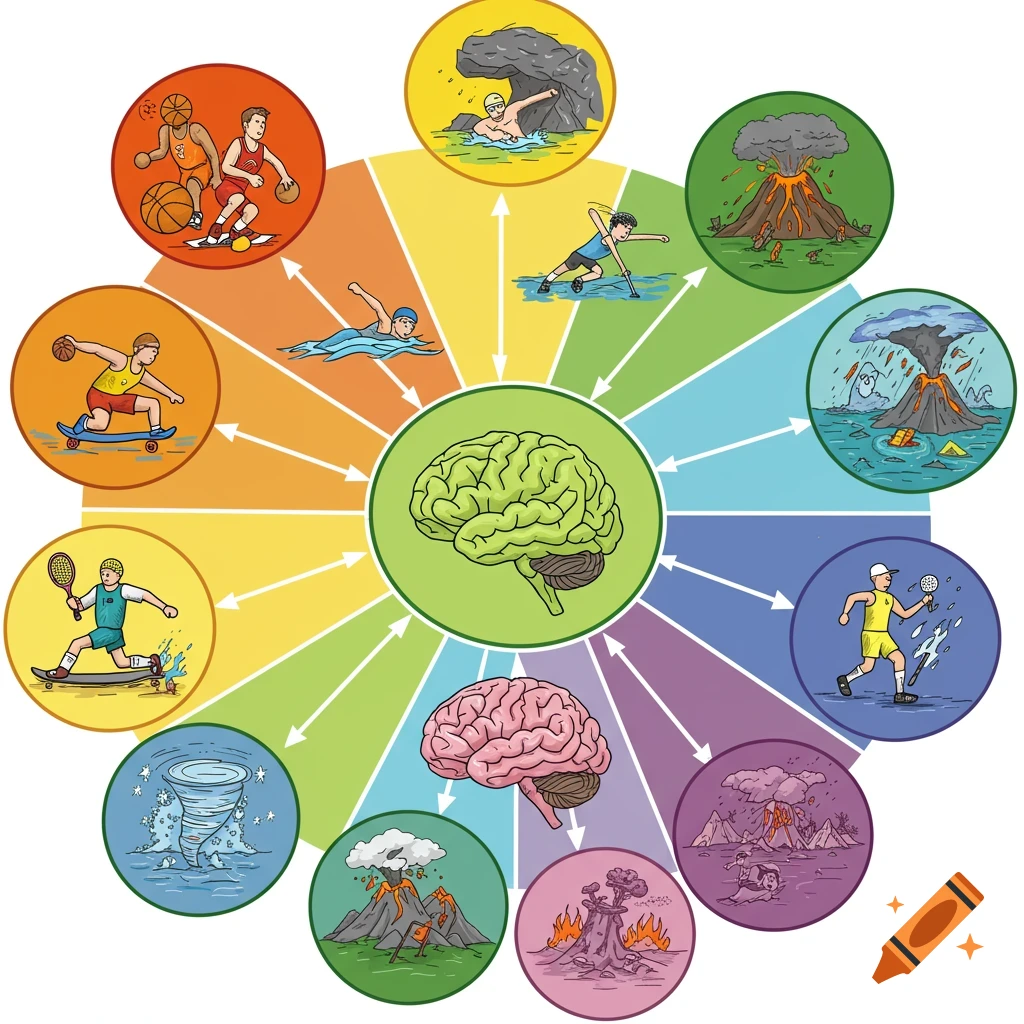 An illustration of a brain connected by arrows to circles depicting sports and natural disasters.