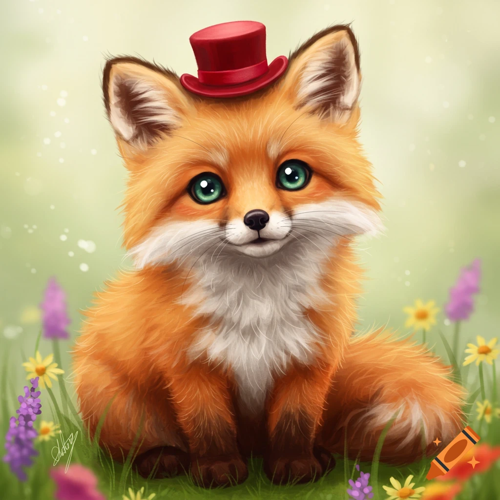 A cute fox wearing a red hat sitting in a field of flowers.