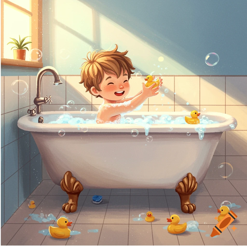 Illustration of a young boy happily playing with rubber duckies in a bubble bath.