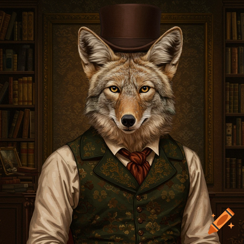 A coyote wearing a top hat and vest is in a library