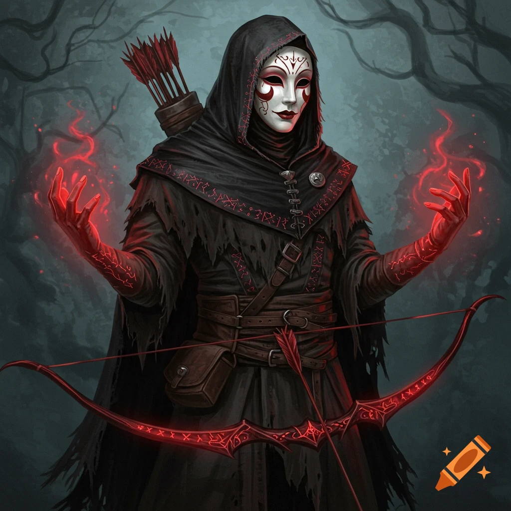 A masked figure in a black cloak with glowing red hands stands with a bow in a dark forest.