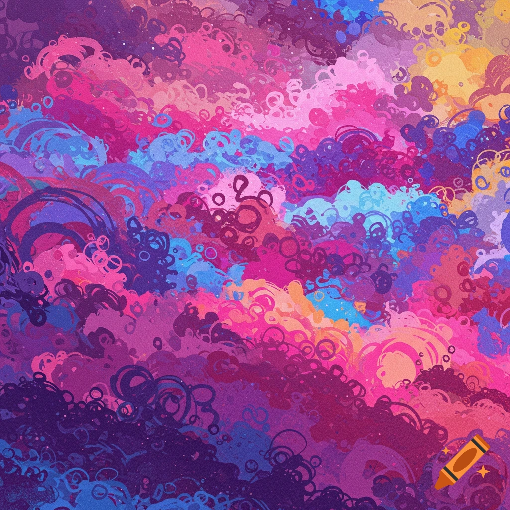 An abstract painting featuring vibrant pink, purple, blue, and yellow colors in swirling and circular patterns with a textured appearance.