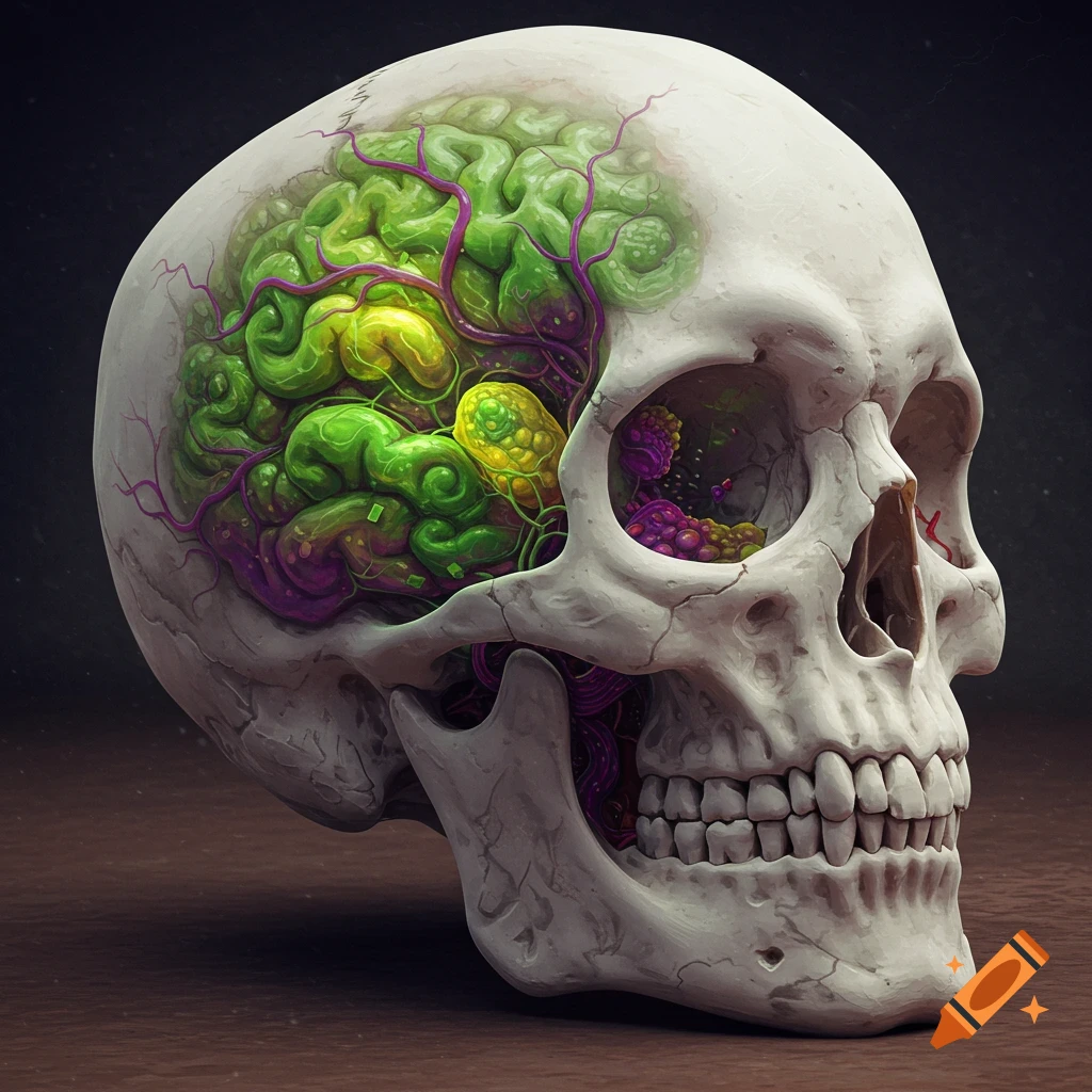 A white skull with a detailed, glowing green and purple brain inside.