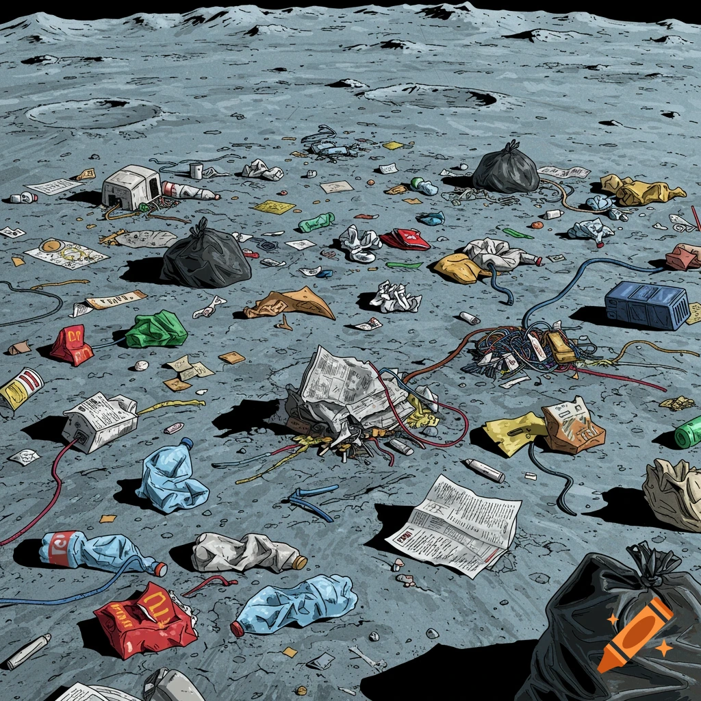 Trash scattered across the moon's surface.