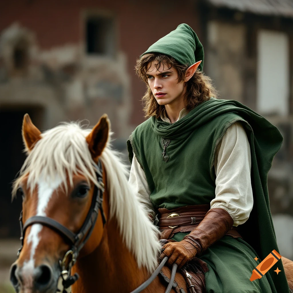 A figure in a green tunic and hat with pointed ears rides a horse in a cinematic photo.