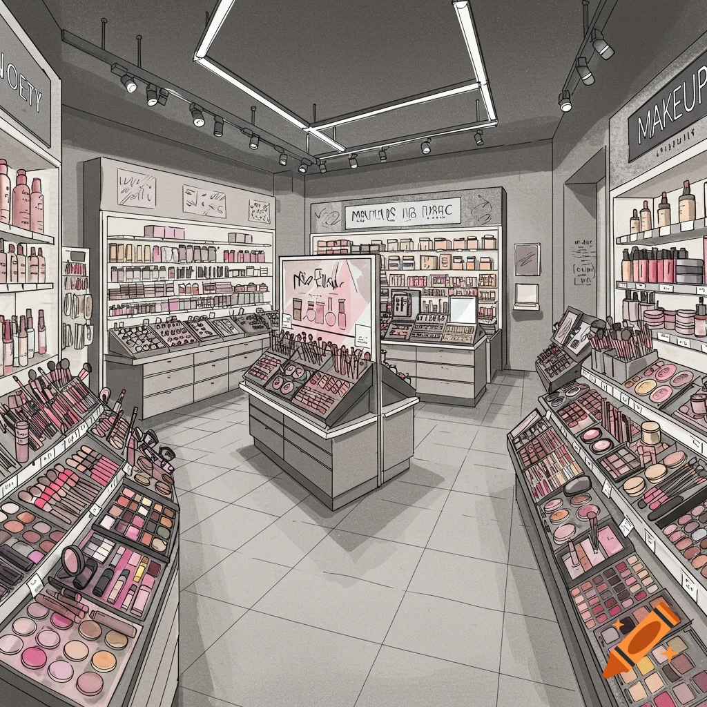 Line drawing interior of a makeup store with shelves of products