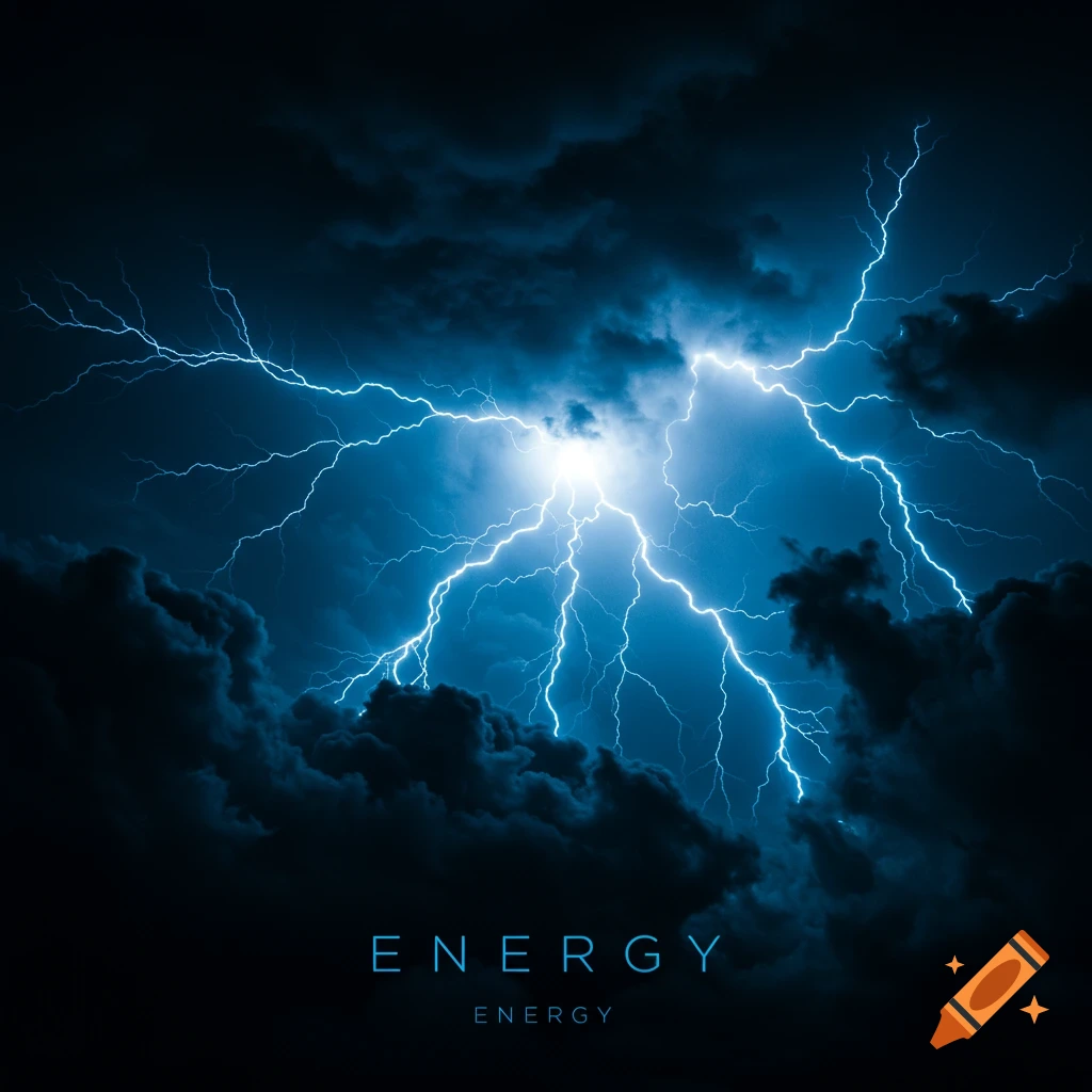 Blue lightning strikes through dark storm clouds with the word ENERGY below.
