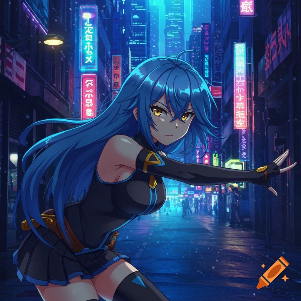 Anime girl with blue hair posing in a glowing neon city street at night.