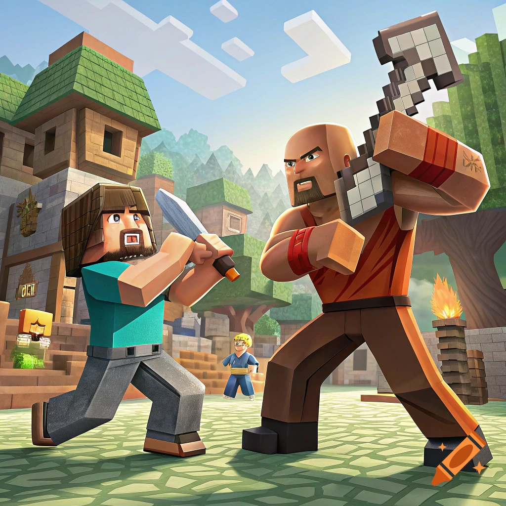 Blocky figures fight with sword and axe in a village, in Minecraft style