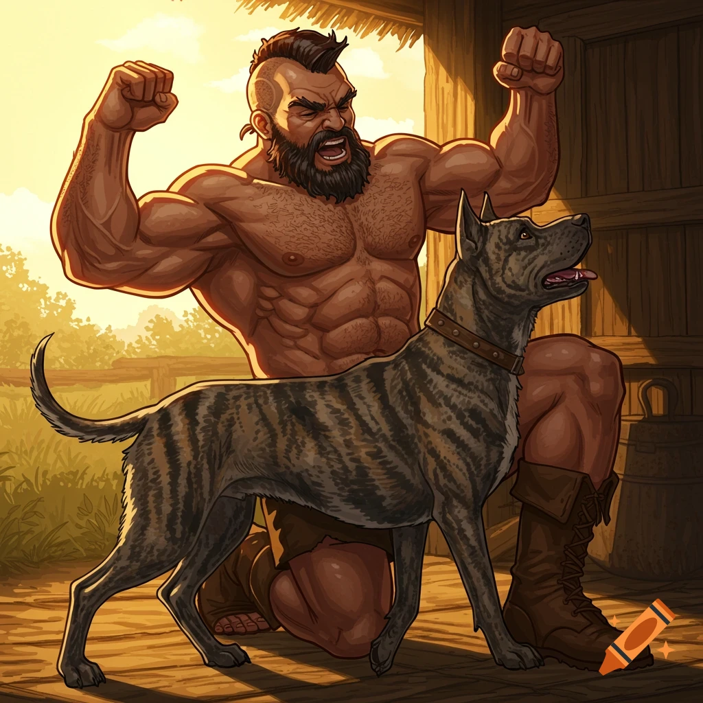 Muscular man flexing next to a brindle dog outdoors.