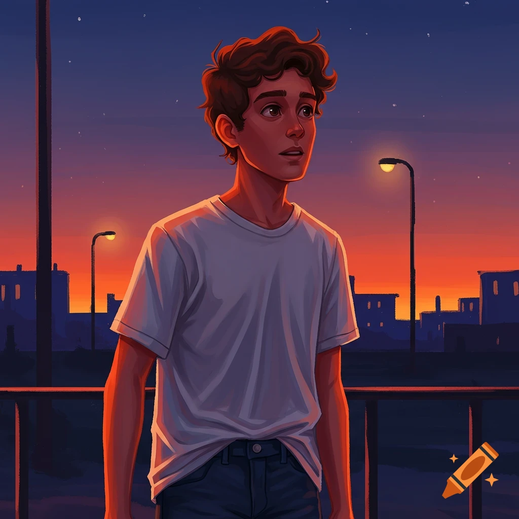 A young person looking at a sunset urban skyline.