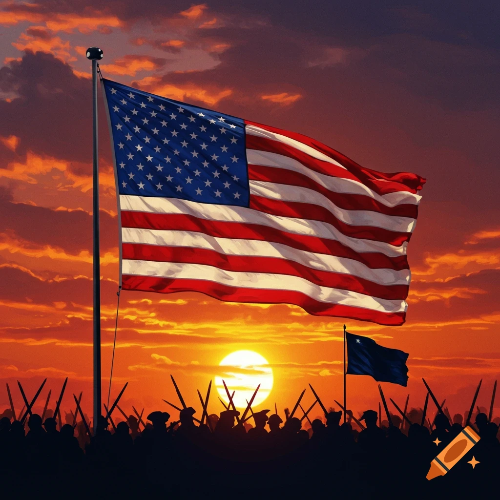 The US flag waving above silhouettes of soldiers against an orange sunset.