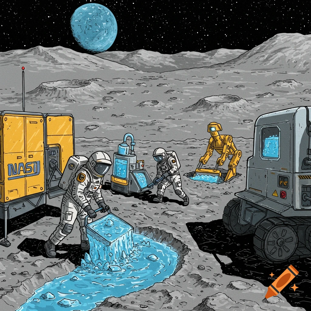 Astronauts and a robot work on the moon extracting ice.