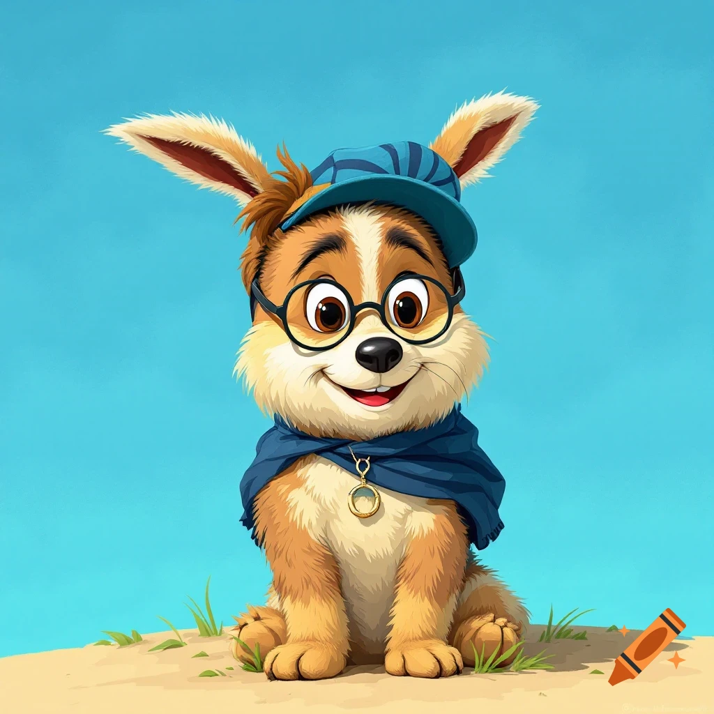 Cartoon dog wearing glasses, hat, and scarf, sitting on the ground.