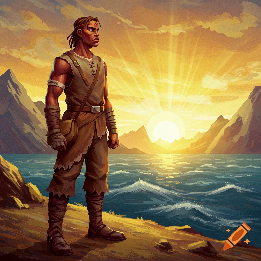 A man in worn clothes stands on a shore, looking at a sunset over the water.