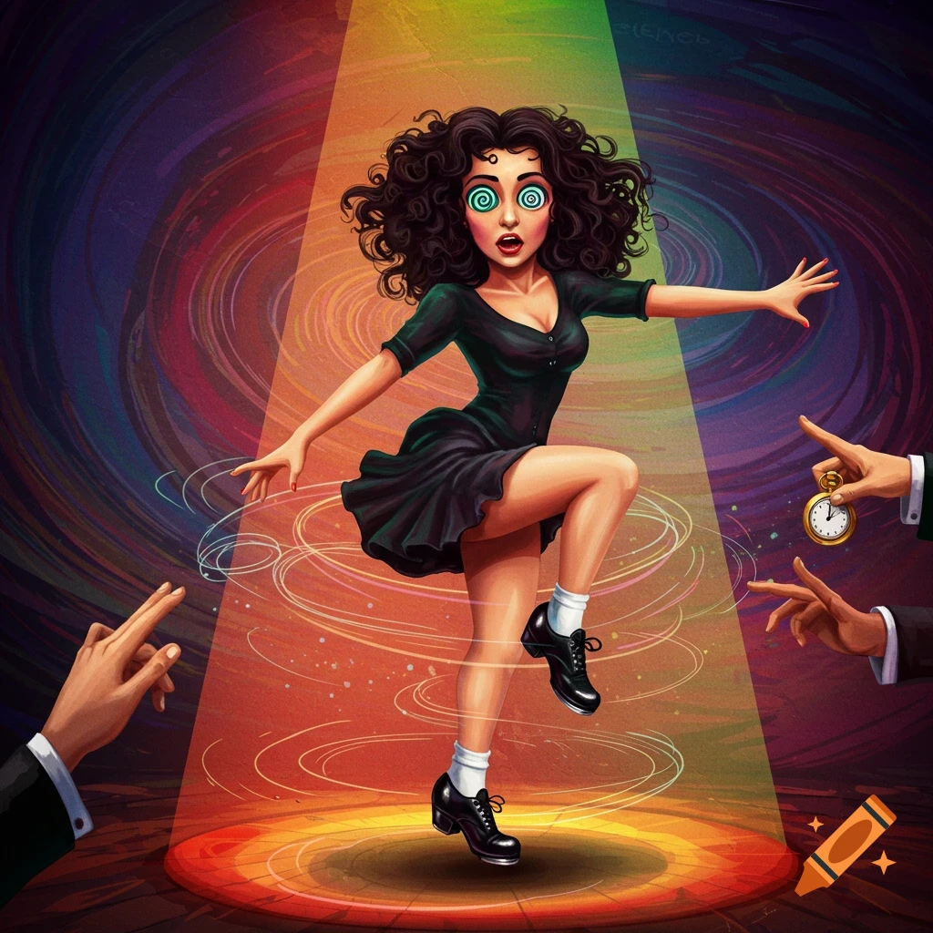 A woman with swirl eyes dances under a spotlight, directed by hands holding a pocket watch.