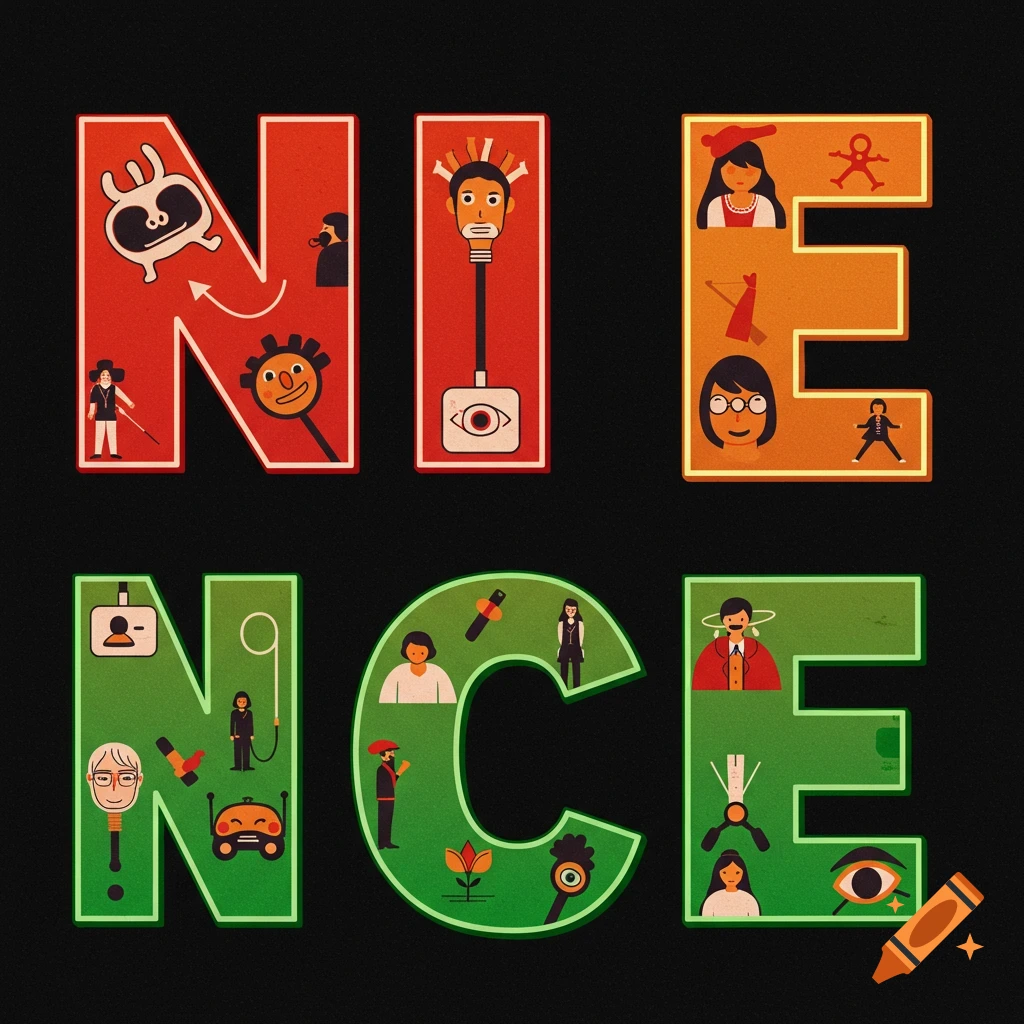Large illuminated letters spelling NICE, filled with small illustrations.