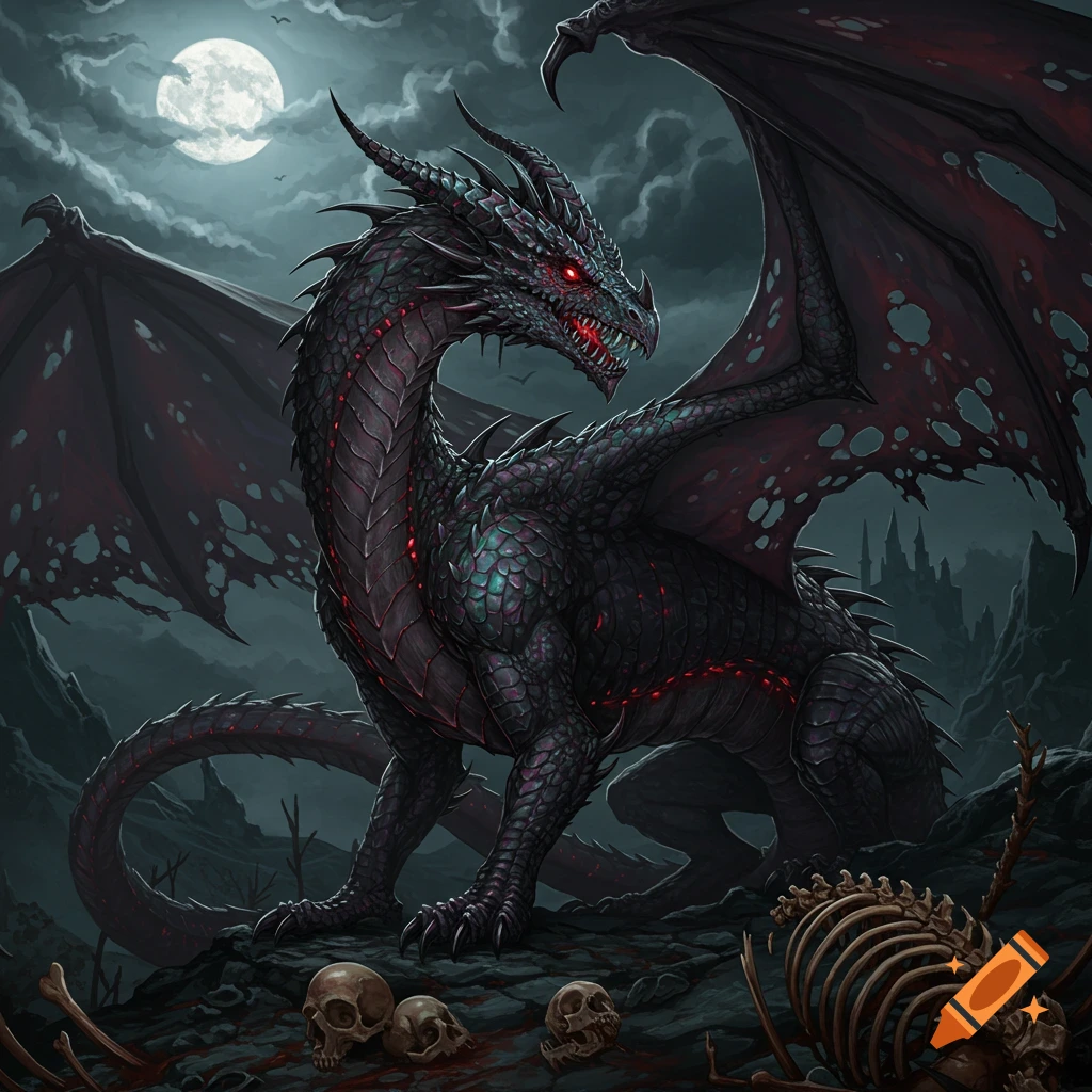 A dark dragon standing over skulls and bones under a full moon.