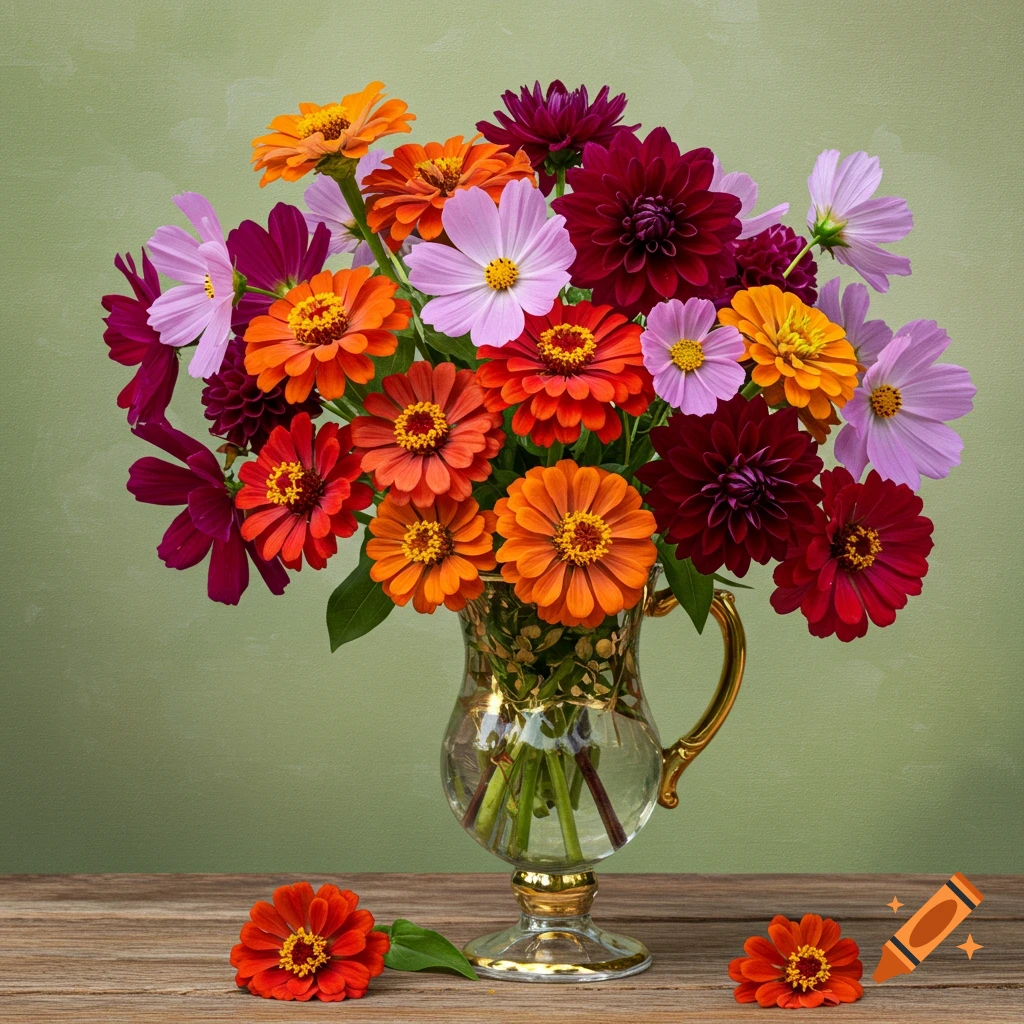 Colorful bouquet of zinnias, cosmos, and dahlias in a glass vase on a wooden table.