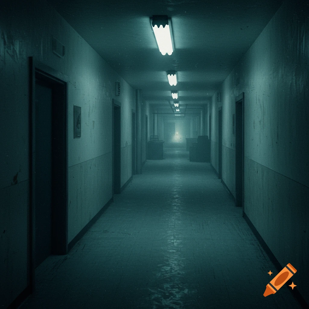 A dark, unsettling, long hallway lined with doors and fluorescent lights.