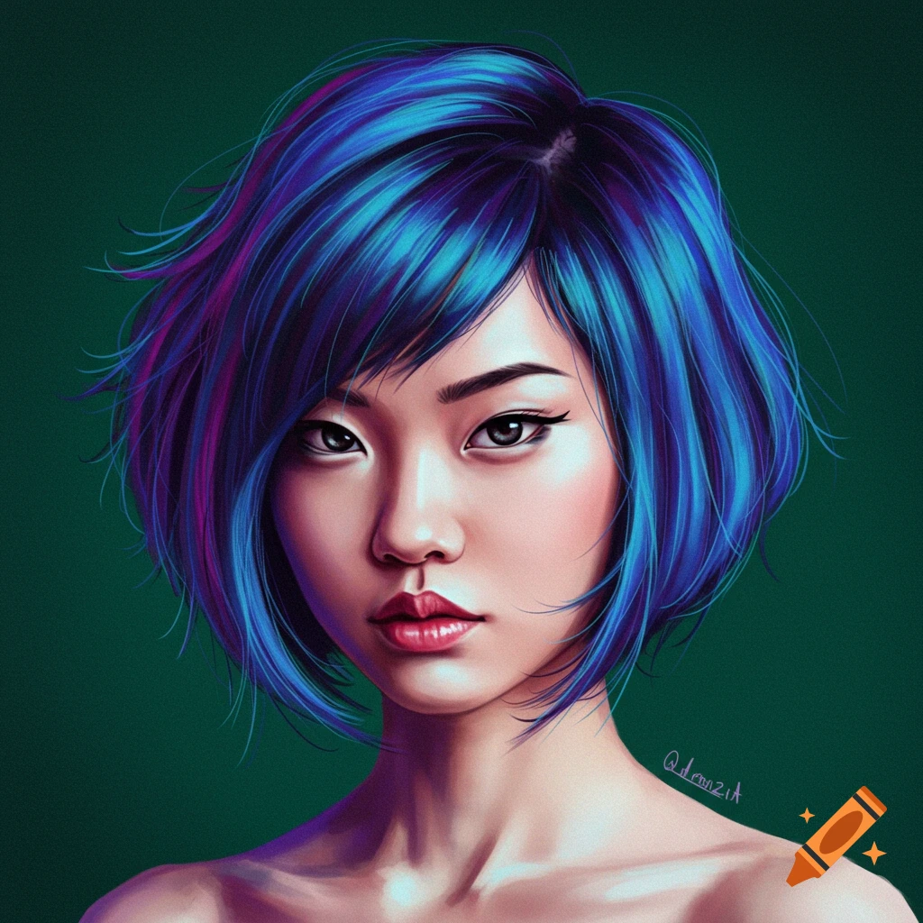 Portrait of a person with blue and purple bob haircut.