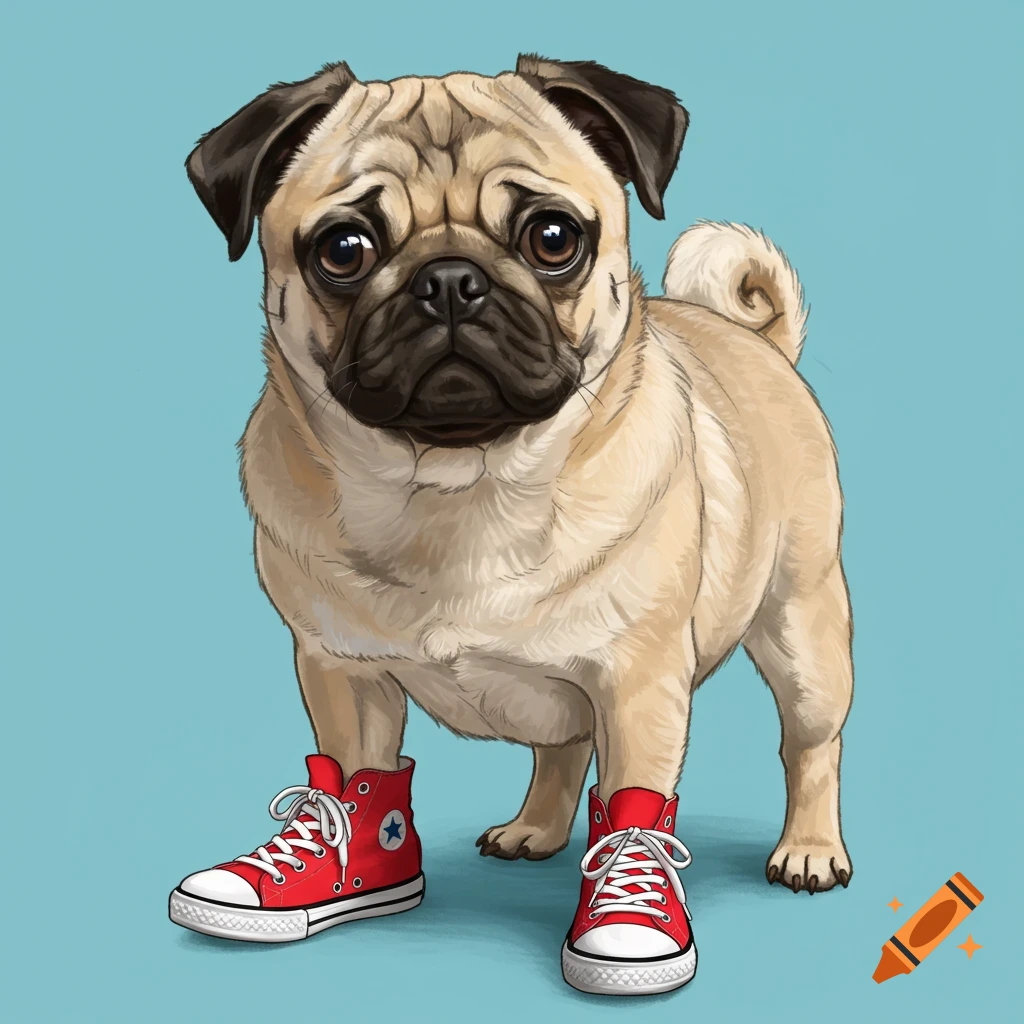 A pug standing on a blue background wearing red high-top sneakers.