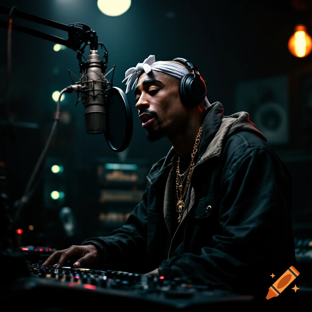A man resembling 2pac in a recording studio with headphones, bandana, microphone, and audio equipment.