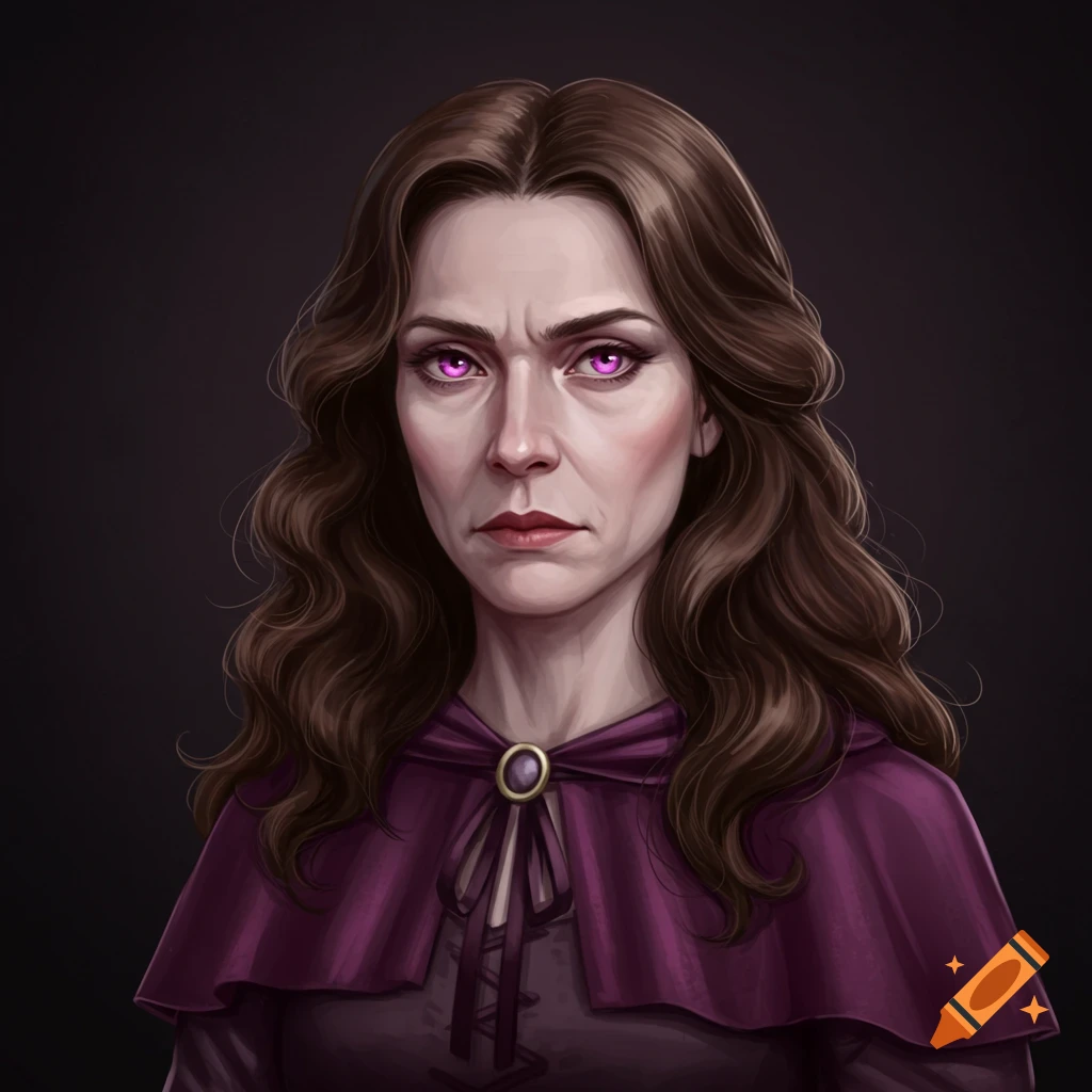 A woman with purple eyes and a serious expression wears a purple cape