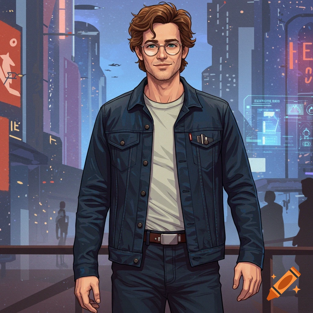 A man with glasses and a jacket stands in a futuristic cityscape.