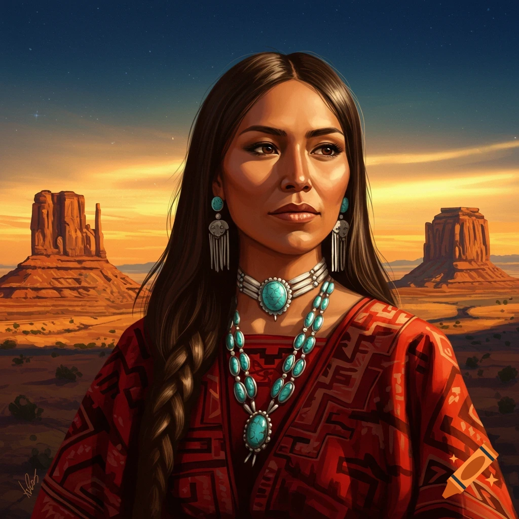 A Navajo woman in traditional turquoise jewelry against a desert sunset with mesas.