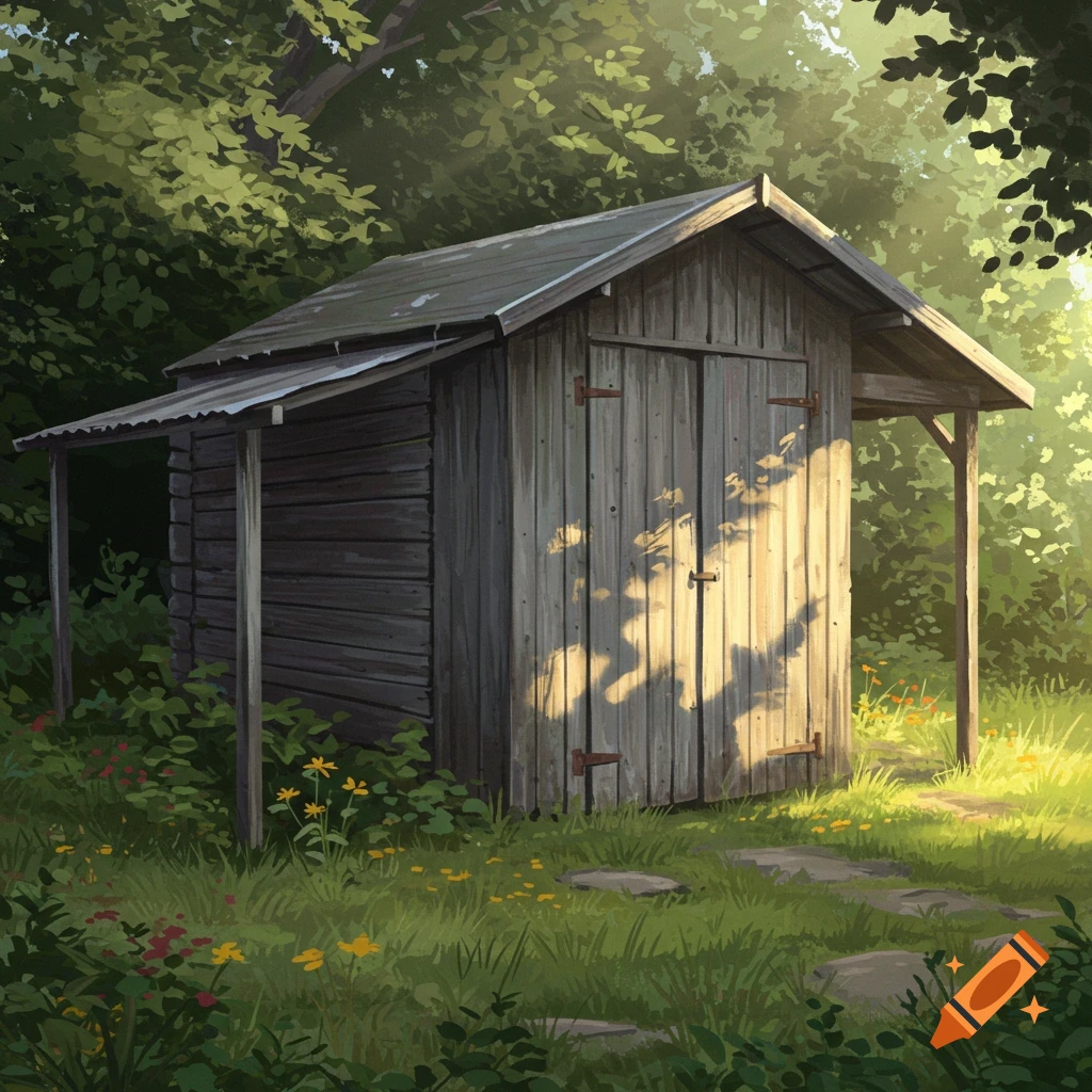 A rustic wooden shed with a lean-to roof extension, bathed in sunlight within a forest clearing.