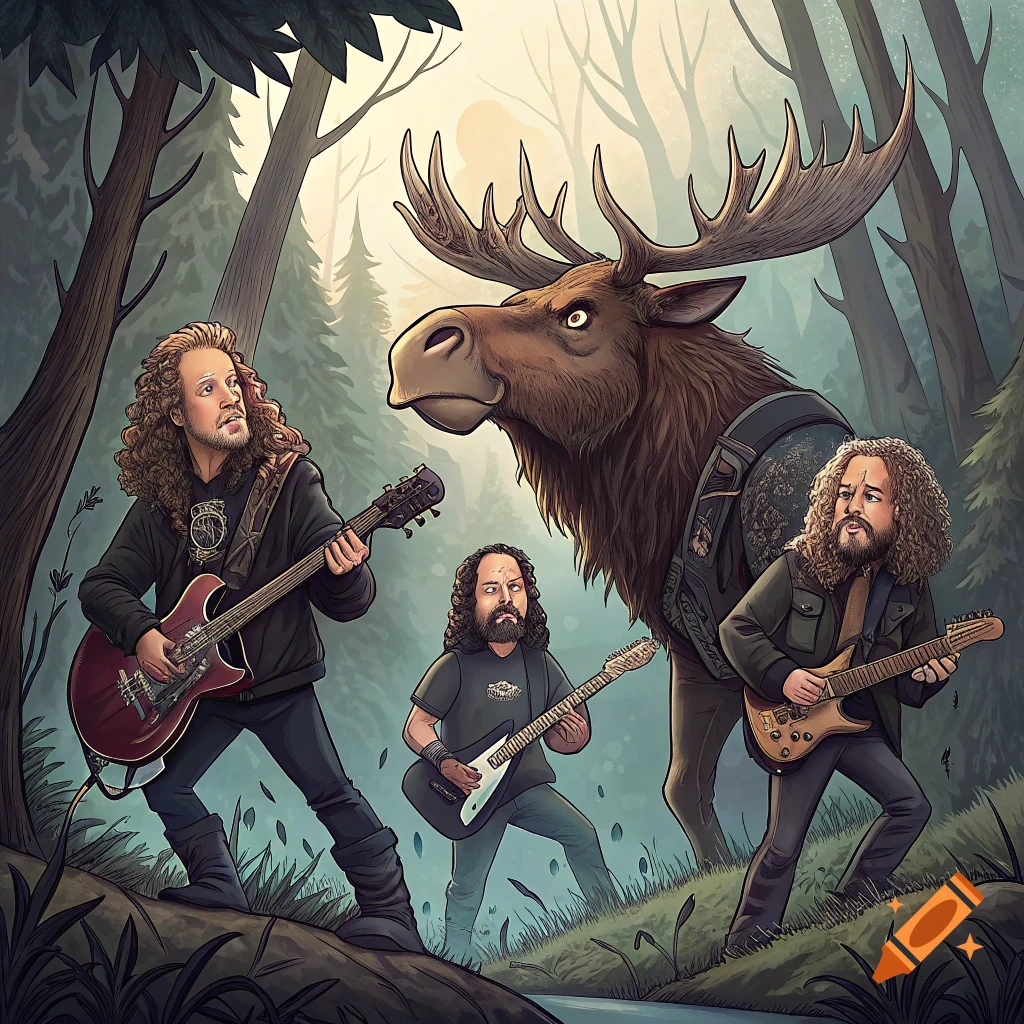 Cartoon illustration of three men playing electric guitars with a large moose in a forest.