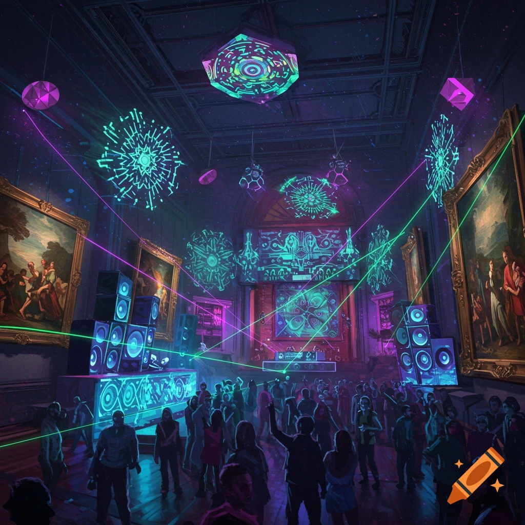A rave party is depicted in a museum with neon lights, a DJ setup, and dancing people.