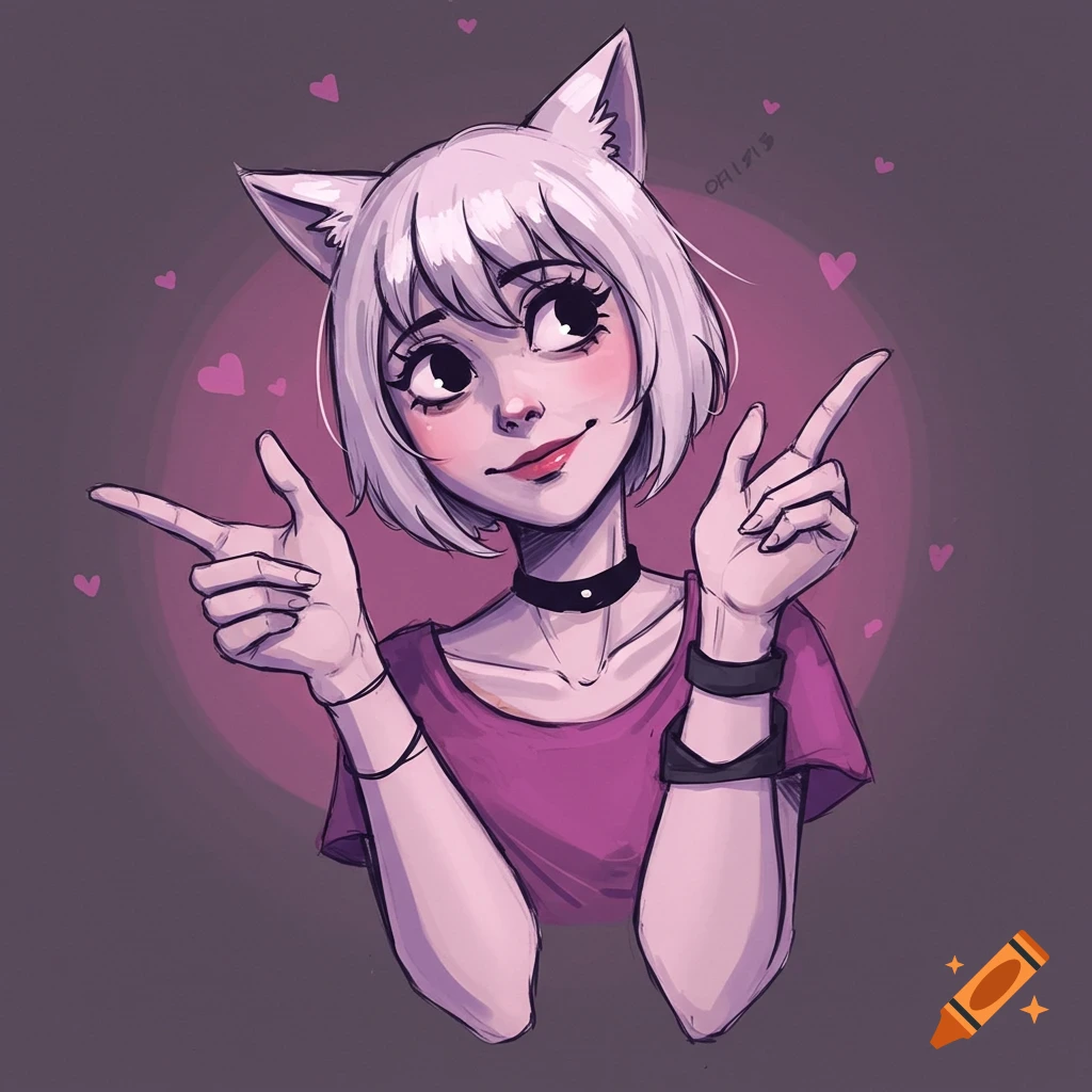 A stylized girl with cat ears pointing, surrounded by hearts.