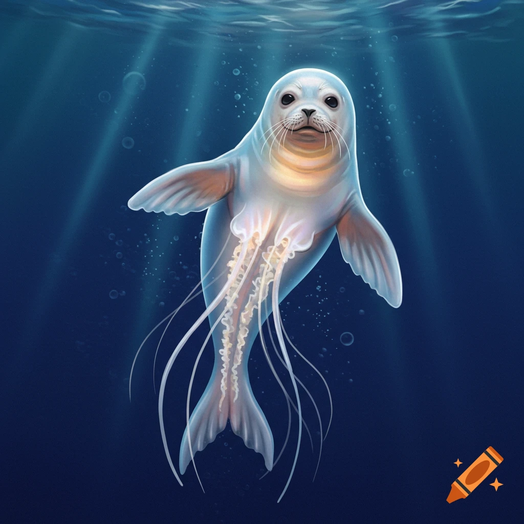 A mythical seal-jellyfish creature swims underwater, illuminated by rays of light.