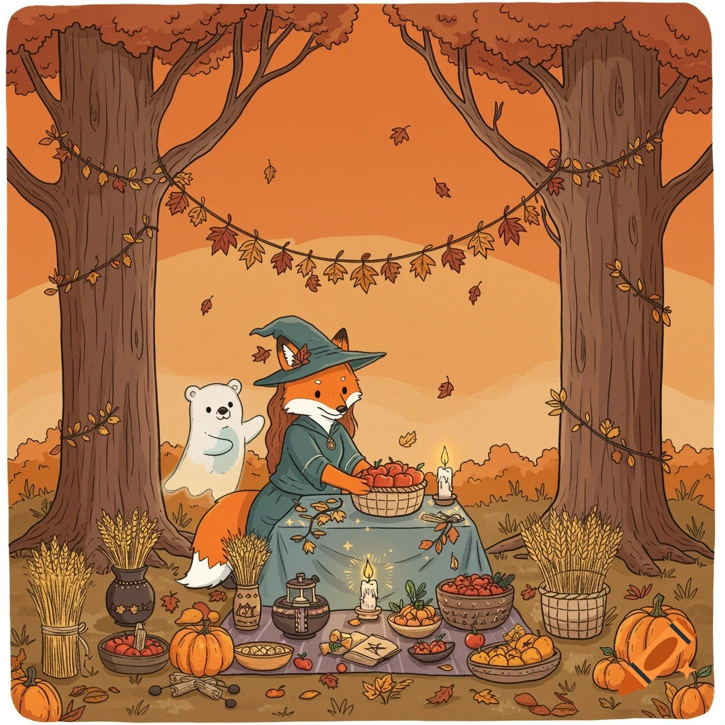 Cartoon illustration of a fox witch and ghost bear preparing an autumn harvest altar between trees.