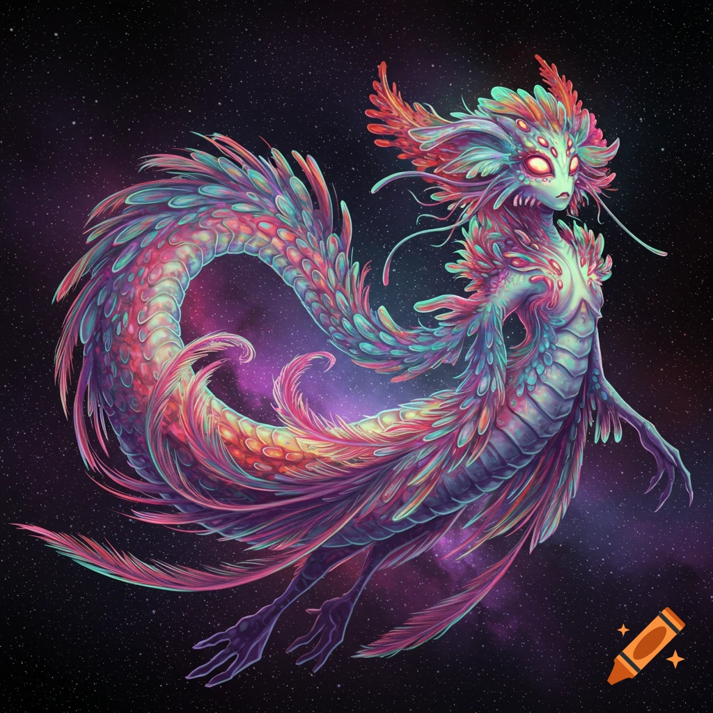 A vibrant fantasy creature with scales and feathers floats in space.