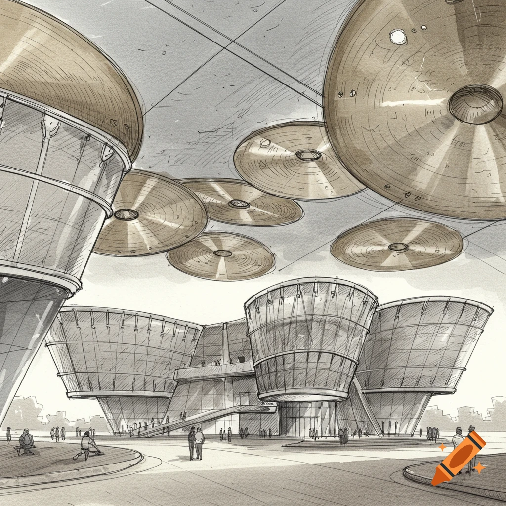 Architectural sketch of a modern museum inspired by drums and cymbals.
